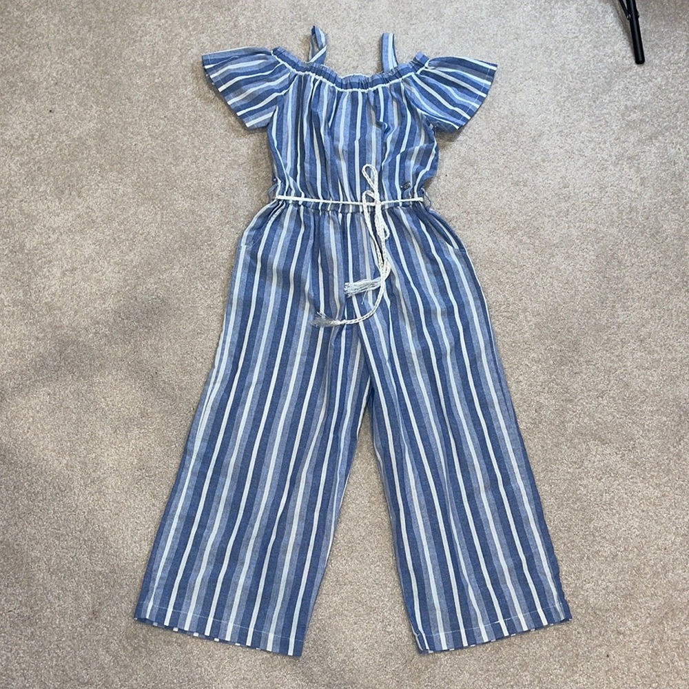 Bebe Girls Blue Stripe One Piece Capri Jumper Off Shoulder Size 14 Easter